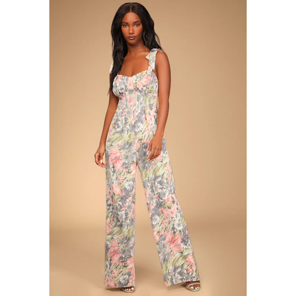 Lulus Exquisite Outing Pink Floral Print Tie-strap Wide-leg Jumpsuit - Size S